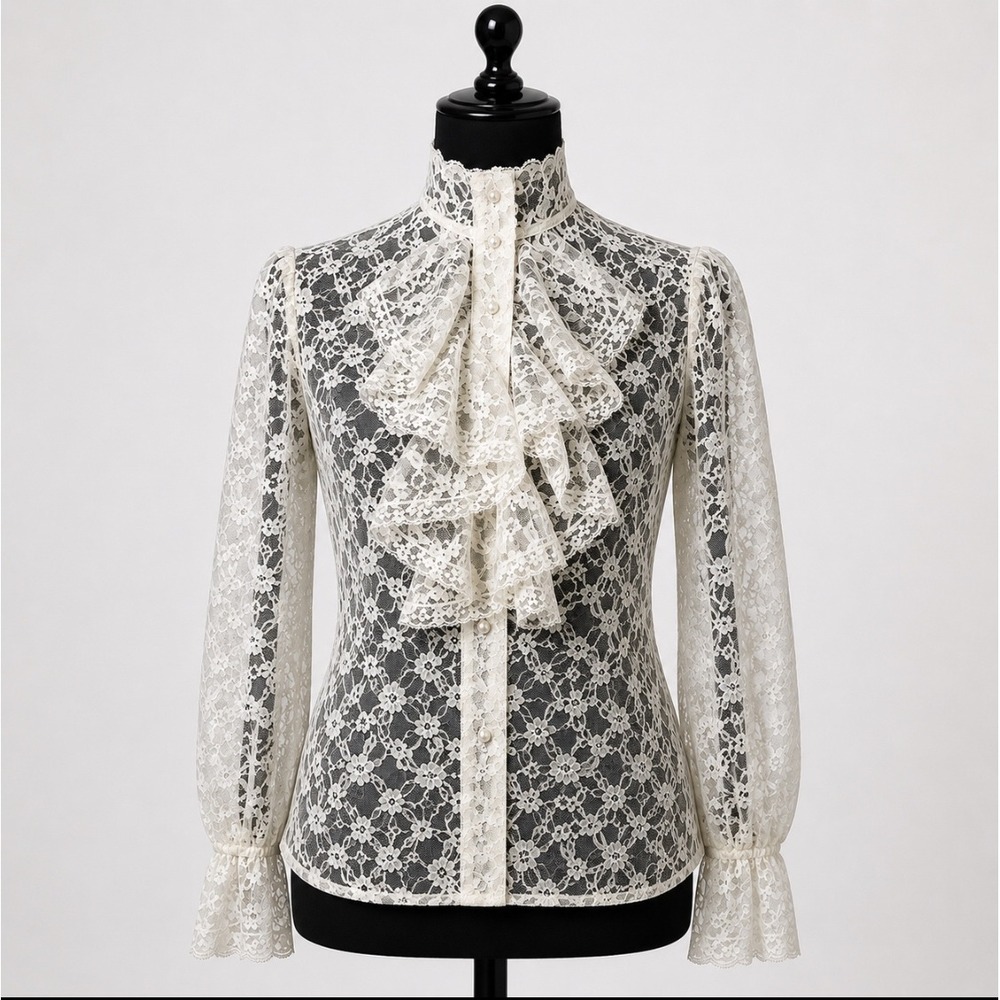 Alice Stuart‎ Vintage Floral Lace Poet Top Ruffle Sz 10 Ivory Edwardian